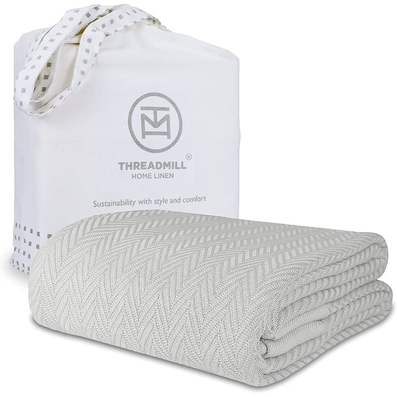 Threadmill Home Linen Cotton Blanket for King Size Bed, Herringbone Thermal Blanket, Light Grey