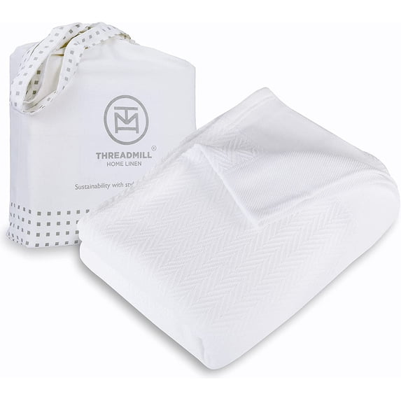 Threadmill Home Linen Cotton Fall Thermal Blanket for Queen Size Bed, Oeko TEX, 90x92 inches, White
