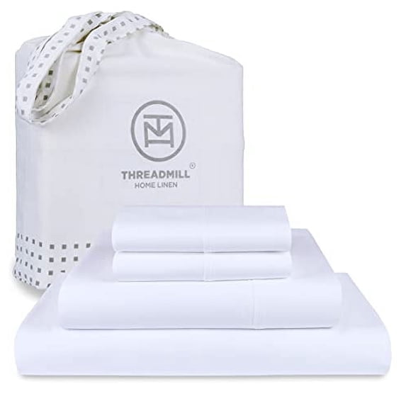 Threadmill Home Linen Cotton Full Size Bed Sheet Set, Solid Sateen, 16” Deep Pocket, 4 Piece, White