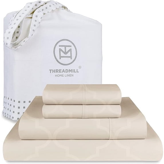 Threadmill Home Linen Cotton Full Size Sheet Set, Damask Jacquard, 16” Deep Pocket, 4 Pieces, Beige