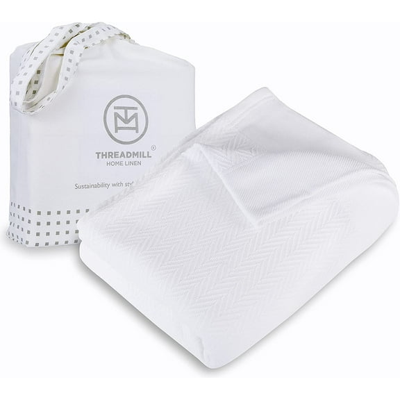 Threadmill Home Linen Cotton Herringbone Fall Thermal Blanket, Twin Size Bed, 350GSM, 68x92, White
