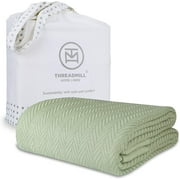 Threadmill Home Linen Cotton Herringbone Thermal Blanket, Twin Size Bed, 350GSM, 68x92, Sage Green
