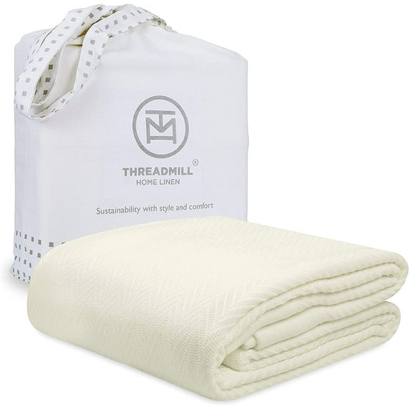Threadmill Home Linen Cotton Herringbone Thermal Blanket, Twin Size Bed, 350GSM, 68x92, Tusk White