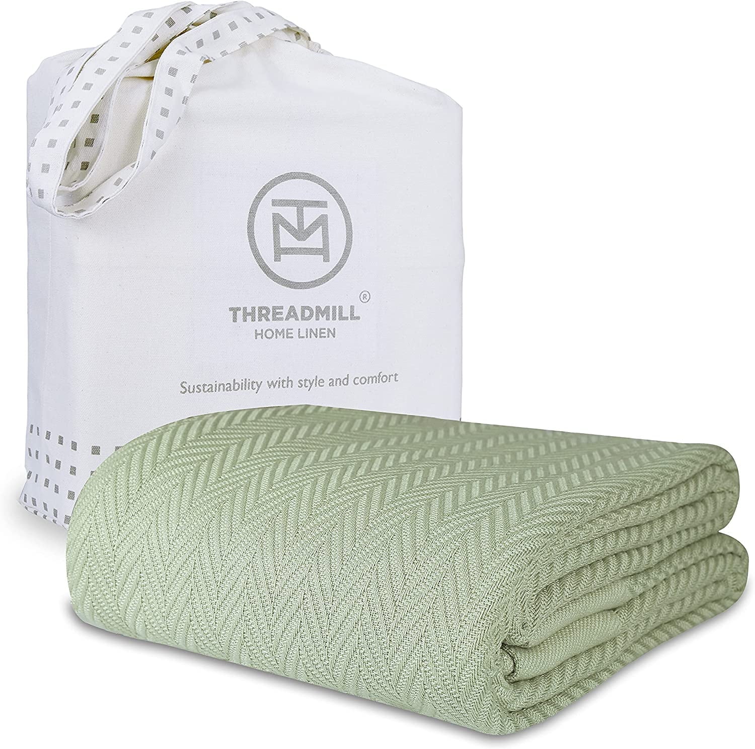 Sage Green Cotton King Size Herringbone Blanket