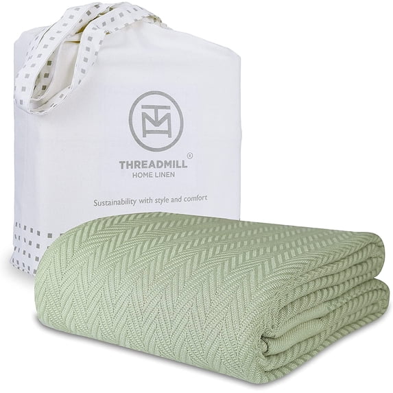 Threadmill Home Linen Cotton King Size Herringbone Fall Thermal Blanket, 106 x 92 in., Sage Green
