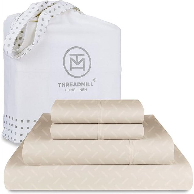 Threadmill Home Linen Cotton Queen Bed Sheet Set, Damask Jacquard, 16