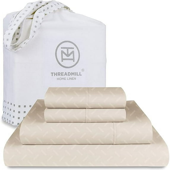 Threadmill Home Linen Cotton Queen Bed Sheet Set, Damask Jacquard, 16” Deep Pocket, 4 Pieces, Beige