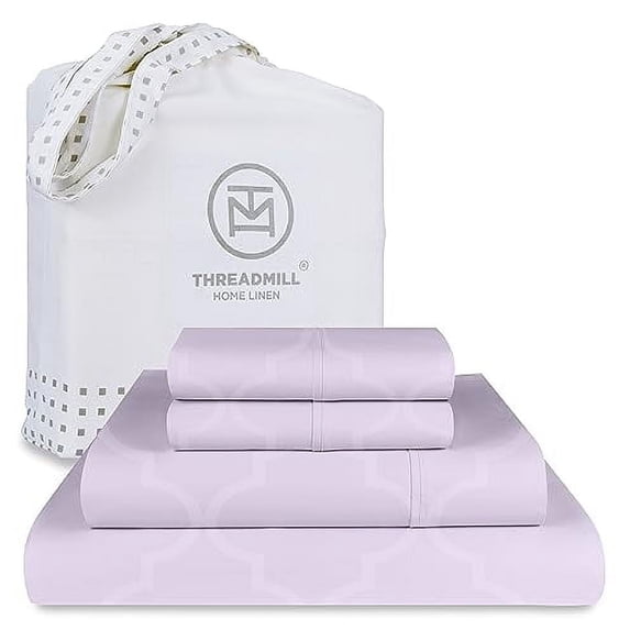 Threadmill Home Linen Cotton Queen Bed Sheet Set, Damask Jacquard, 16” Deep Pocket, 4 Pieces, Lilac