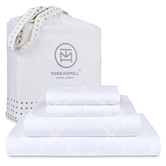 Threadmill Home Linen Cotton Queen Sheet Set, Damask Jacquard Sateen, 16” Deep Pocket, 4 Pc, White