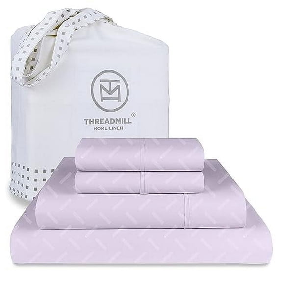 Threadmill Home Linen Cotton Queen Size Bed Sheet Set, Damask Jacquard, 16” Deep Pocket, 4 Pc Lilac