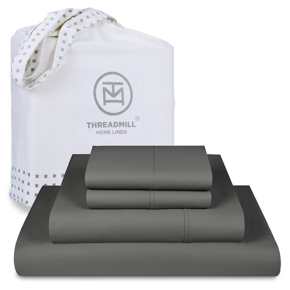 Threadmill Home Linen Cotton Queen Size Bed Sheet Set, Solid Sateen, Deep Pocket, 4 Pc, Dark Grey