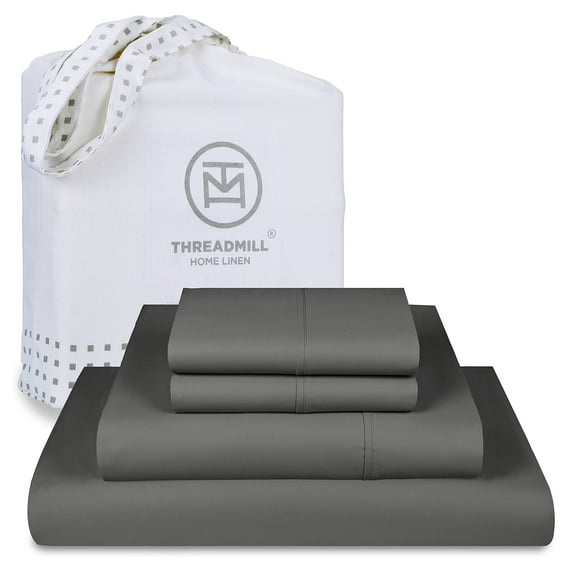 Threadmill Home Linen Cotton Queen Size Bed Sheet Set, Solid Sateen, Deep Pocket, 4 Pc, Dark Grey