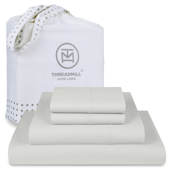 Threadmill Home Linen Cotton Queen Size Bed Sheet Set, Solid Sateen, Deep Pocket, 4 Pc, Light Grey