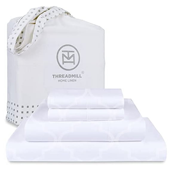 Threadmill Home Linen Cotton Sheets, King Size Bed, 4 Pc Damask Sateen, Elastic Deep Pocket, White