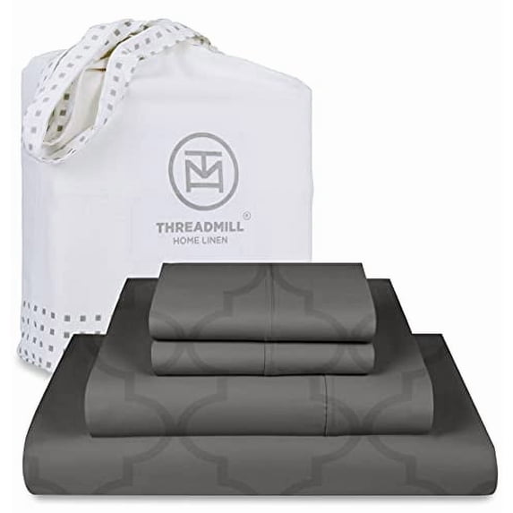 Threadmill Home Linen Cotton Sheets King Size Bed, 4 Pieces, Damask Sateen, Deep Pocket, Dark Grey