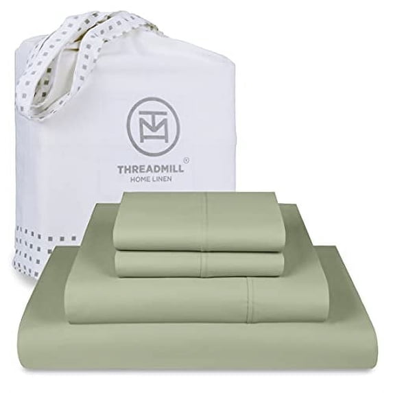 Threadmill Home Linen Cotton Sheets for King Size Bed, 4 Pc, Solid Sateen, Deep Pocket, Sage Green