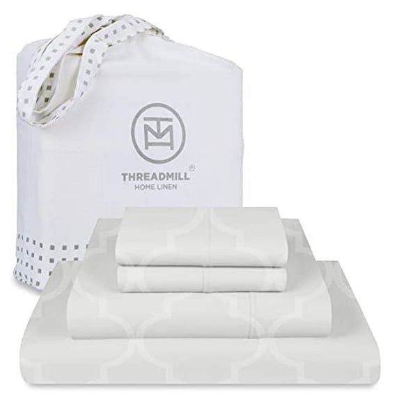 Threadmill Home Linen Cotton Sheets for King Size Bed, 4 Pieces, Damask Sateen, Deep Pocket, Beige