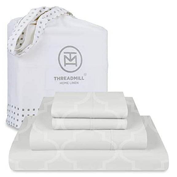 Threadmill Home Linen Cotton Sheets for King Size Bed, 4 Pieces, Damask Sateen, Deep Pocket, Beige