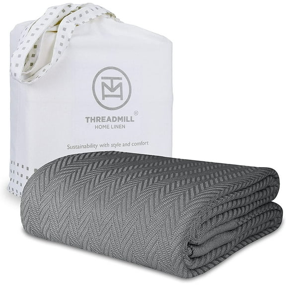 Threadmill Home Linen Cotton Thermal Blanket, Twin Size Bed, Herringbone, 350GSM, 68x92, Dark Grey