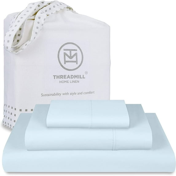 Threadmill Home Linen Cotton Twin Sheet Set | 100% Cotton Sheets for Twin Size Bed | Solid Sateen Twin Bed Sheets Set with 16” Deep Pocket | Soft Breathable 3-Piece Cooling Sheet Set | Light Blue