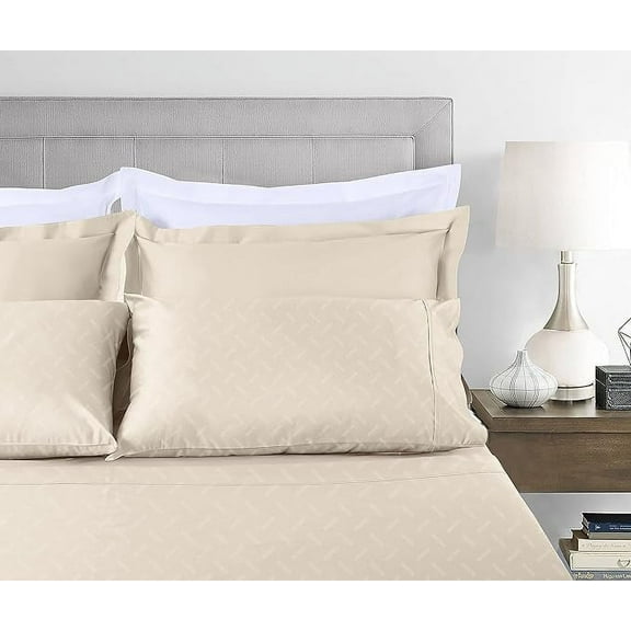 Threadmill Home Linen Cotton Twin Size Bed Sheet Set, Damask Jacquard, 16” Deep Pocket, 3 Pc, Beige