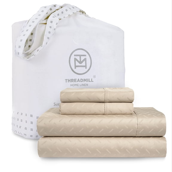 Threadmill Home Linen Cotton Twin Size Bed Sheet Set, Damask Jacquard, 16” Deep Pocket, 3 Pc, Beige