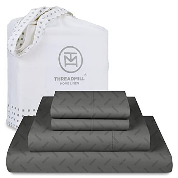 Threadmill Home Linen Cotton Twin Size Bed Sheet Set, Damask Jacquard Sateen, 3 Pieces, Dark Grey