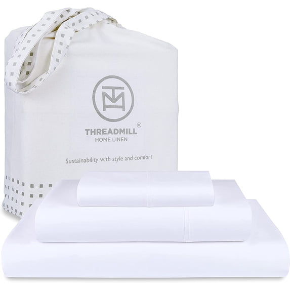 Threadmill Home Linen Cotton Twin Size Bed Sheet Set, Solid Sateen, 16” Deep Pocket, 3 Piece, White