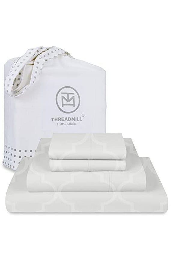Cotton Twin XL Size Bed Sheet Set, Damask Jacquard Sateen, 3 Pc, Light Grey