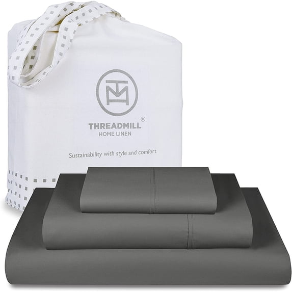Threadmill Home Linen Cotton Twin XL Size Bed Sheet Set, Solid Sateen, Deep Pocket, 3 Pc, Dark Grey