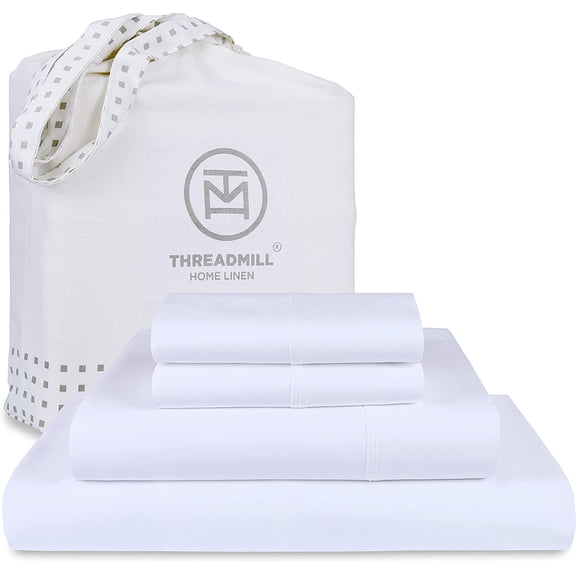 Threadmill Home Linen Luxury 1200 Thread Count 100% Cotton Bed Sheets, 4-Piece Queen Set, Modern Solid White