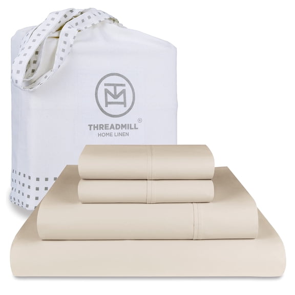 Threadmill Home Linen Luxury Supima Cotton Sheets, 1200 Thread Count Soft 100% Cotton Sheets for King Size Bed, 4 PC Beige, 5-Star Hotel Quality, Elasticized Deep Pocket King Sheet Set