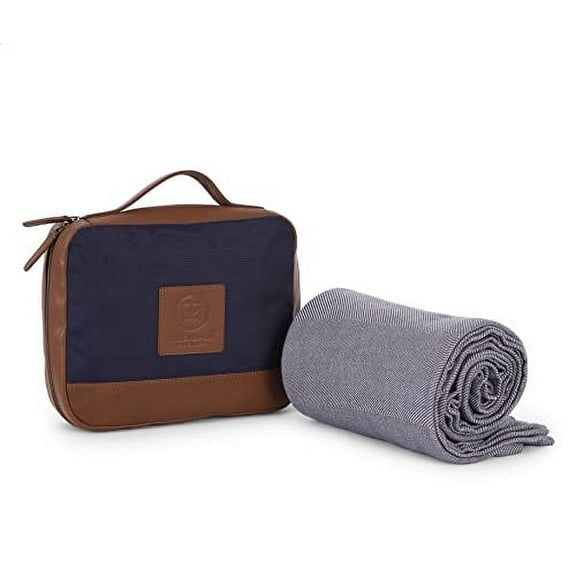 Threadmill Home Linen Travel Blanket, Bamboo Cotton Blend, Blue Leather Bag, Picnic & Camping, Grey