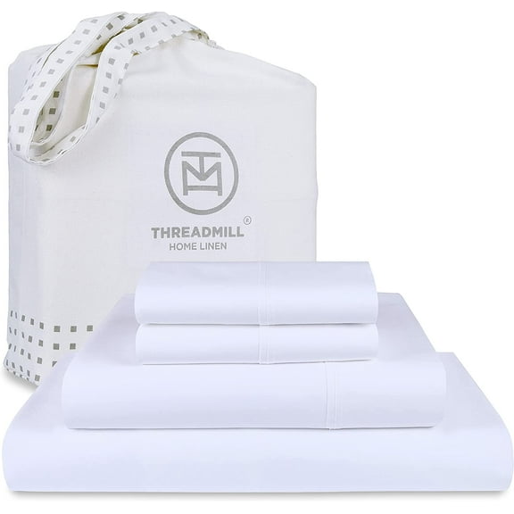 Threadmill Home Linen Luxury 1200 Thread Count 100% Cotton Bed Sheets, 4-Piece Queen Set, Modern Solid White