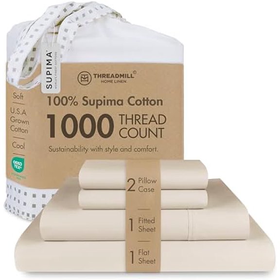 Threadmill Luxury Supima Cotton Sheets, Luxury 1000 Thread Count Soft 100% Cotton Sheets for Queen Size Bed, 4 Pc Beige Bed Queen Set, 5-Star Hotel Quality Elasticized Deep Pocket Bed Sheets Set
