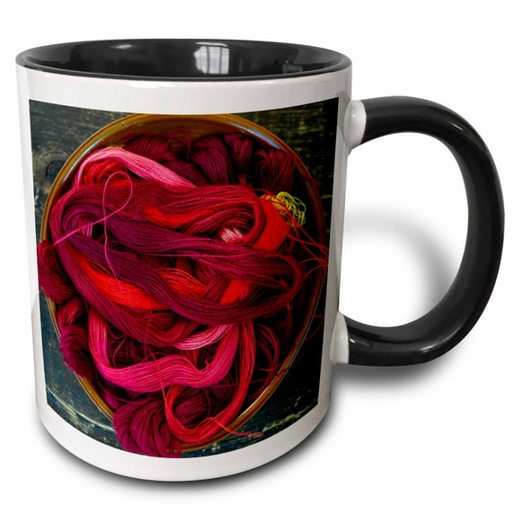 3drose, Threads of Red Yarn in a Ceramic Bowl on a Wooden Table, 15oz Two-tone Black Mug