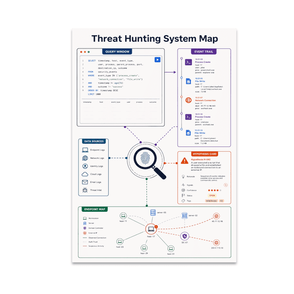 Threat Hunting System Map Poster, Security Teams, Threat Hunters, and Tech-Savvy Offices, 13x19 Glossy Paper