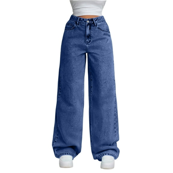 Thredzr Baggy Jeans for Teen Girls Y2k Button Straight Leg Jeans Pull on Oversize Denim Pants Elastic High Waist Winter Wide Leg Jeans Dark Blue S