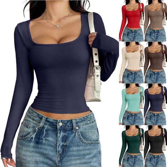 Thredzr Basic Tees for Women Long Sleeve Square Neck Slim Casual Ribbed Tops Low Cut Tshirts 01# Brown L