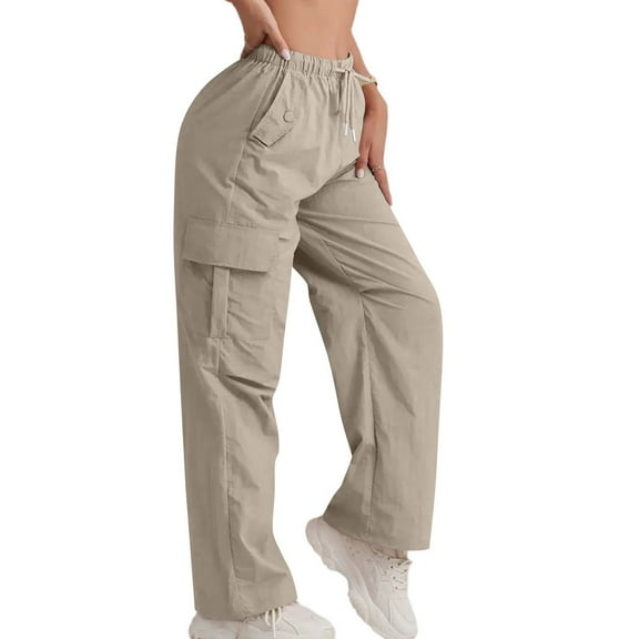 Thredzr Cargo Pants For Women Drawstring Pants Elastic Waist Wide Leg Y2k Solid Color Joggers Casual Parachute Pants with Pockets Khaki S