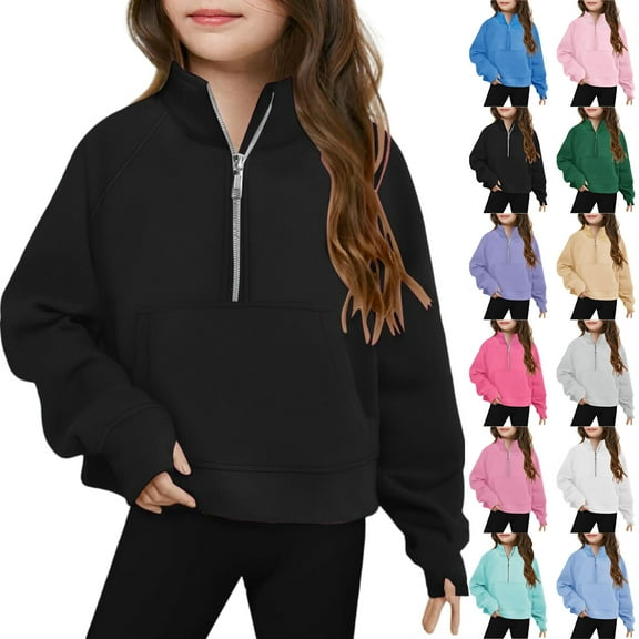 Thredzr Clothes For Tween Girls Oversized Sweater Half Zip Up Thumb Hole Fleece Solid Color Girl ' S Sweatshirt Long Sleeve Oversized Shirt Green 100