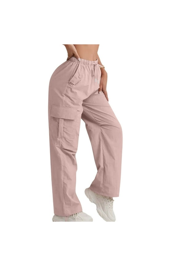 Cotton Cargo Pants For Women Drawstring Pants High Waist Wide Leg Casual Solid Color Parachute Pants Loose Fit Joggers with Pockets Pink S