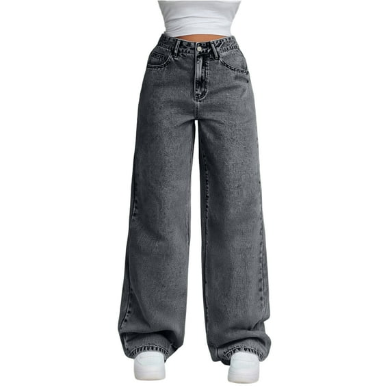 Thredzr Girls Plus Size Jeans Cute Loose Fit Denim Pants Elastic High Waist Stretchy Straight Leg Jeans Casual Fall Wide Leg Jeans Light Gray XL
