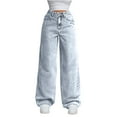 thumbnail image 1 of Thredzr Girls Straight Leg Jeans Y2k Loose Fit Jeans Cute Oversize Denim Pants Pull on Stretchy Wide Leg Jeans Light Blue XL, 1 of 4