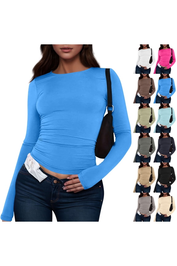Long Sleeve Sweater Tops for Women Basic Roundneck Big Size Y2k Shirts Comfort Cozy Soft Warm Knit Slim Sweater 03# Brown XS