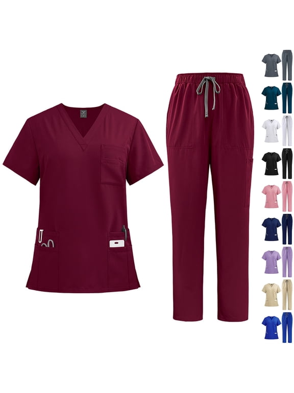 Maroon Scrubs For Women Set Scrubs Women Sets Drawstring Quick Drying Nursing Uniform Solid Color High Waist Top & Cargo Pants with Pockets Khaki XL