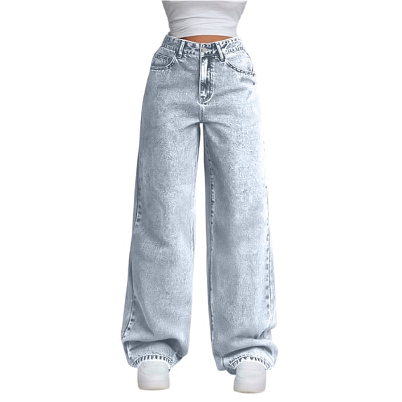 Thredzr Tall Girl Jeans Stretchy Button Loose Fit Straight Leg Jeans Oversize Pull on Denim Pants Elastic High Waist Winter Wide Leg Jeans Light Blue M