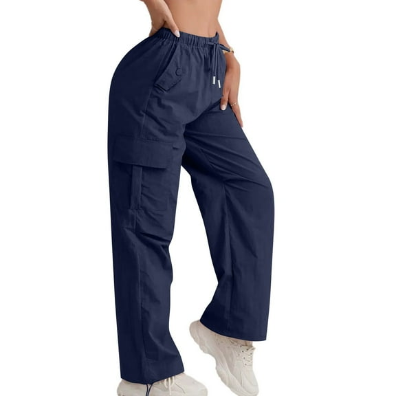 Thredzr Women'S Cotton Cargo Pants Drawstring Trousers Elastic Waist Wide Leg Y2k Solid Color Joggers Elastic Parachute Pants with Pockets Navy S