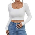 thumbnail image 1 of Thredzr Womens Fall Tops 2025 Low Cut Scoop Neck Casual Ribbed Long Sleeve Shirt Spring Tee 06# White L, 1 of 4