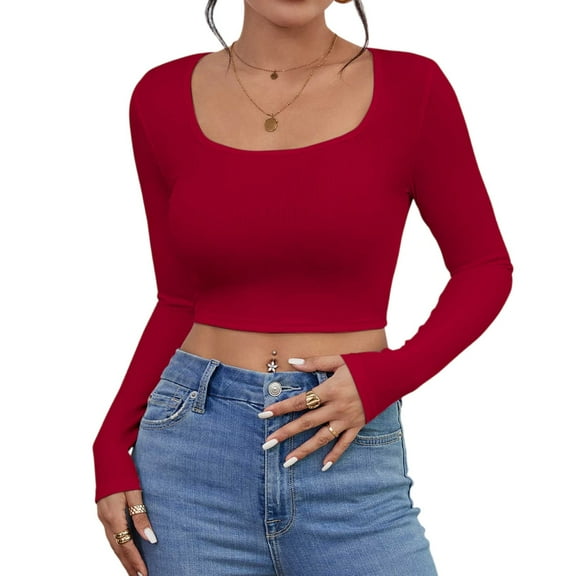 Thredzr Womens Fitted Tops Scoop Neck Long Sleeve Fall Winter Low Cut Casual Shirt Ribbed Solid Color Tee 06# Wine L